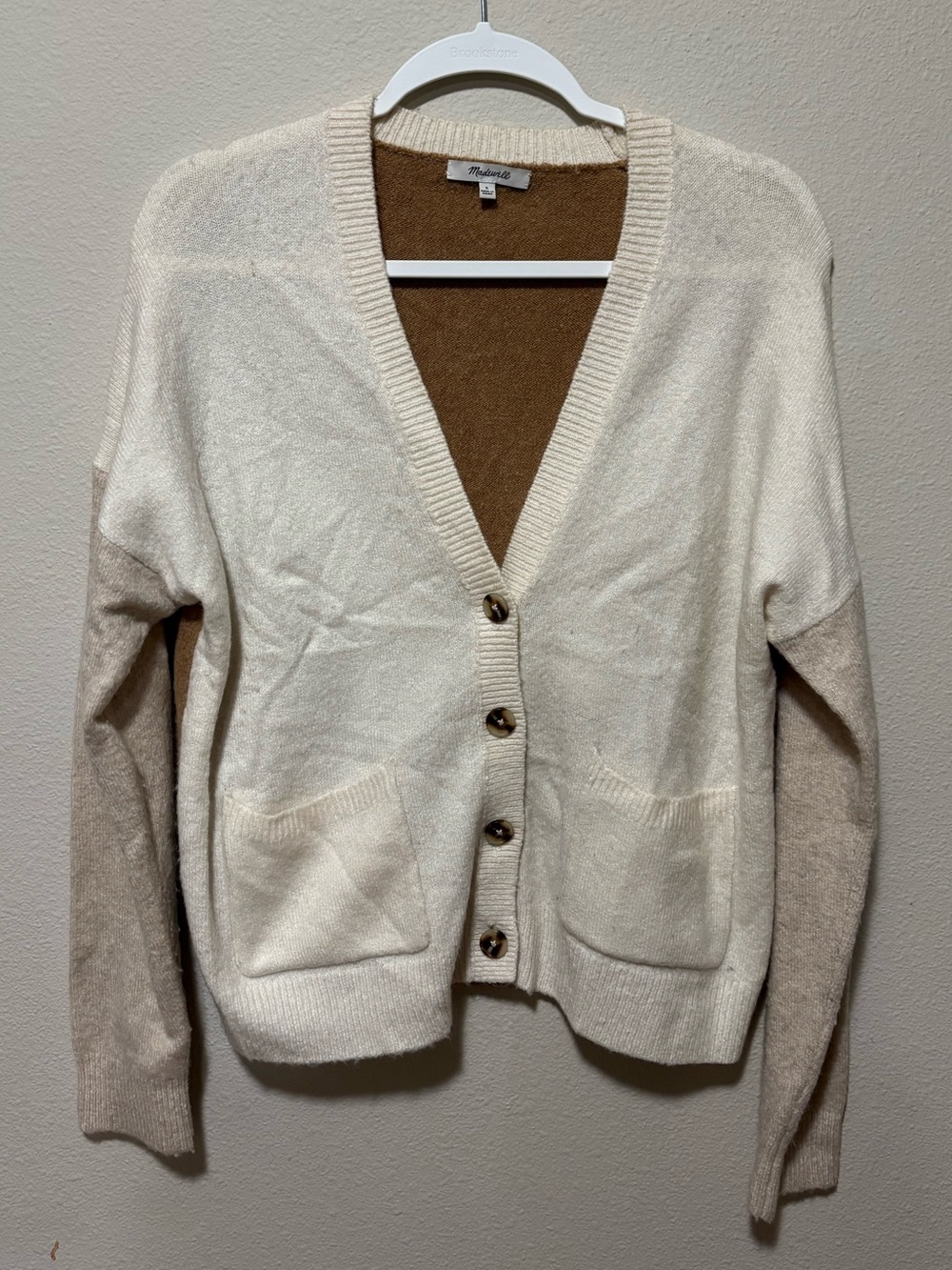 Madewell Colorblock Cardigan Sweater Cream & Brown with Chunky Buttons, Small